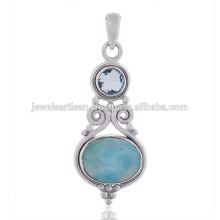 Larimar And Sky Blue Topaz Gemstone 925 Sterling Silver Pendant